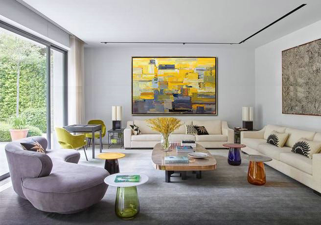 Abstract Painting Extra Large Canvas Art,Horizontal Palette Knife Contemporary Art,Original Abstract Painting Canvas Art,Yellow,Grey,White.etc - Click Image to Close